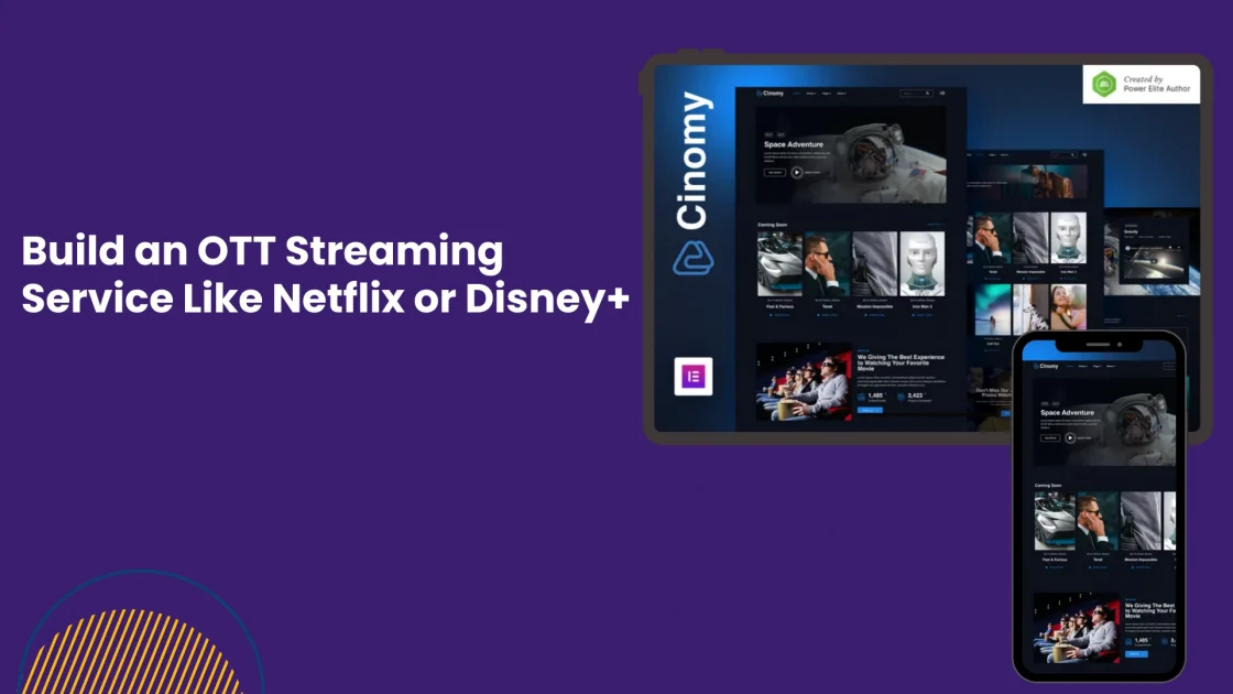 OTT streaming service platform interface on desktop and mobile, similar to Netflix and Disney Plus.